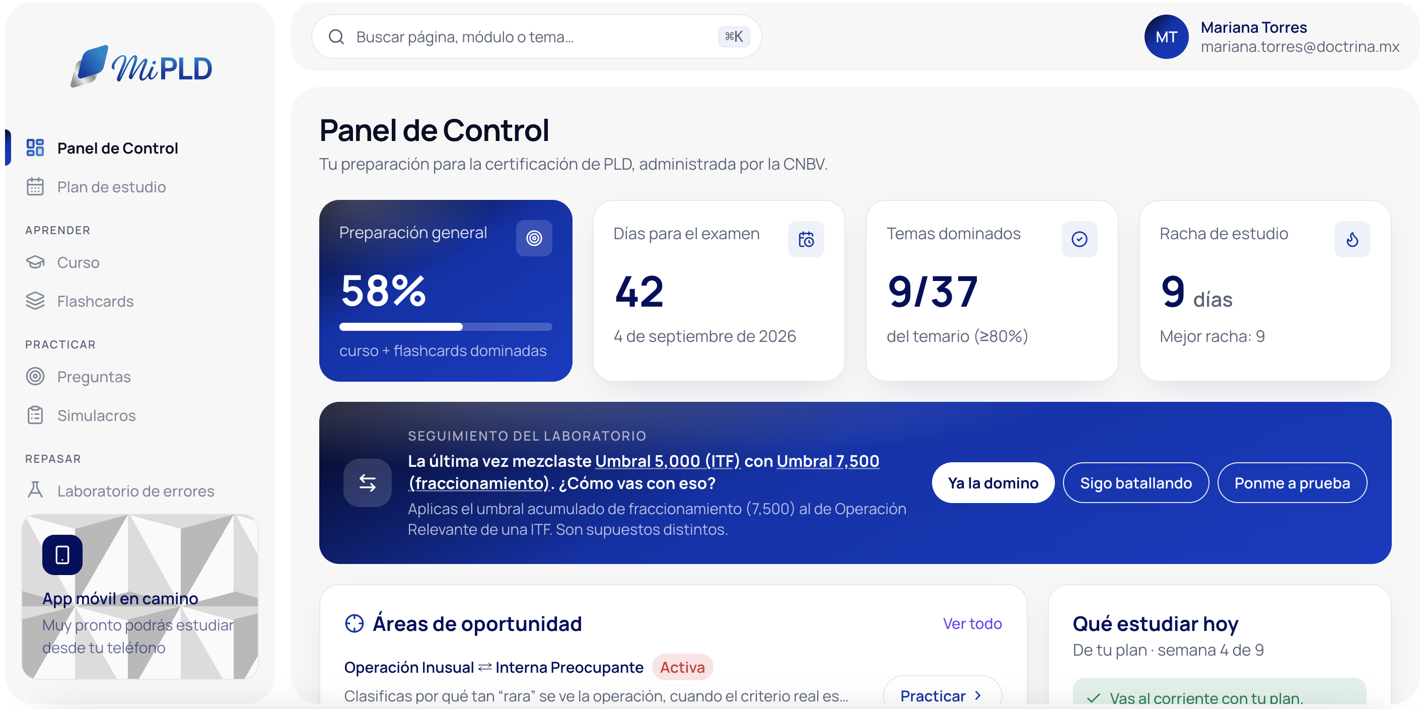 Vista previa del panel de aprendizaje MiPLD