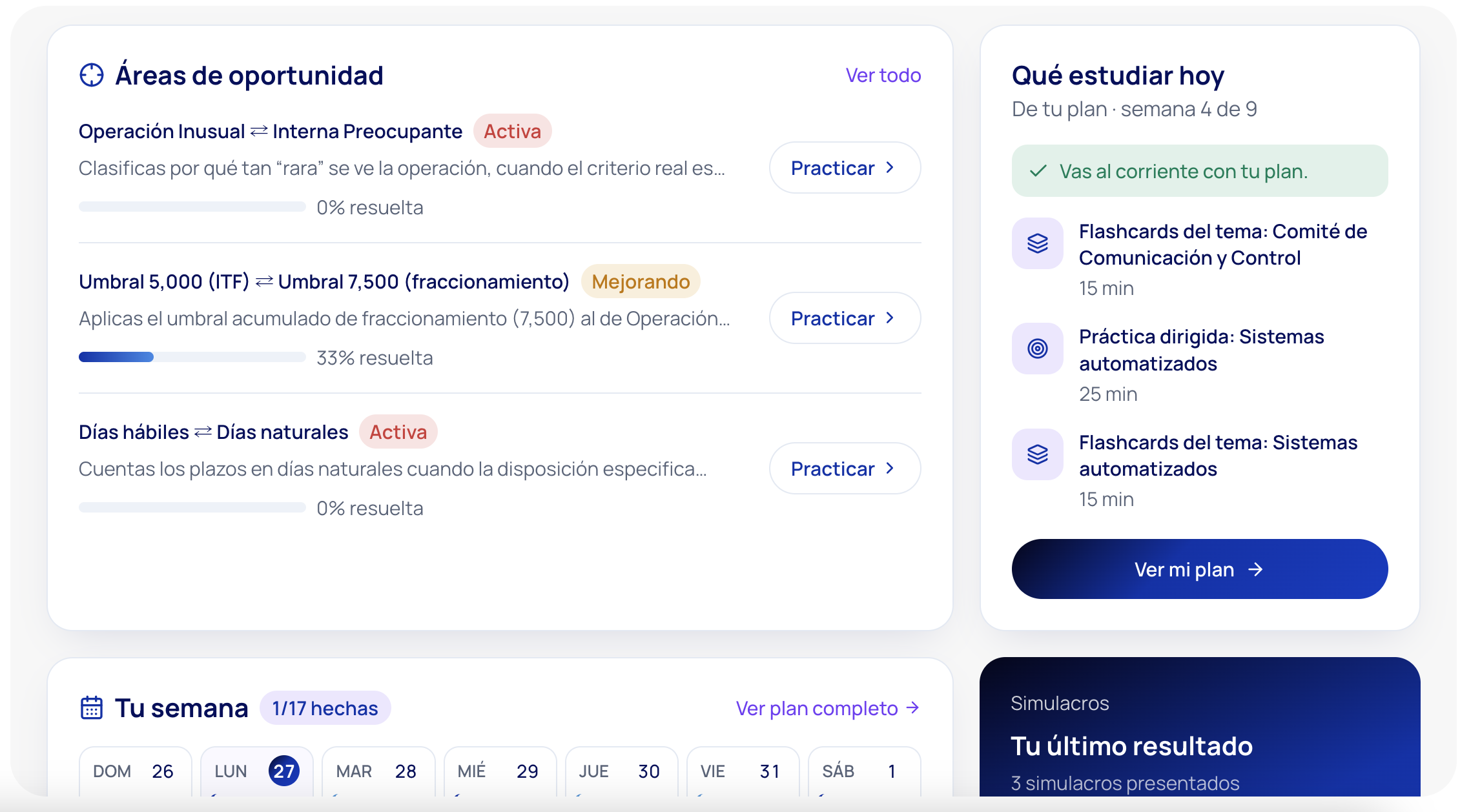 Panel de Control de MiPLD con áreas de oportunidad, tareas del día y calendario semanal