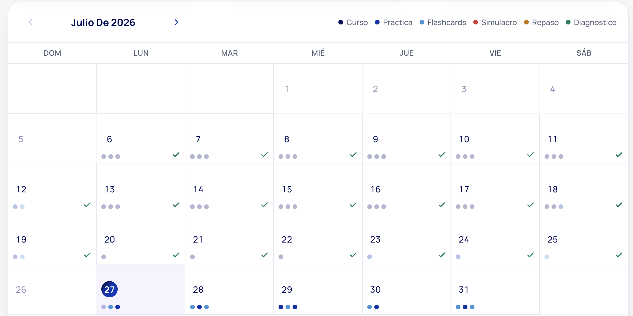 Calendario mensual del plan de estudio personalizado de MiPLD