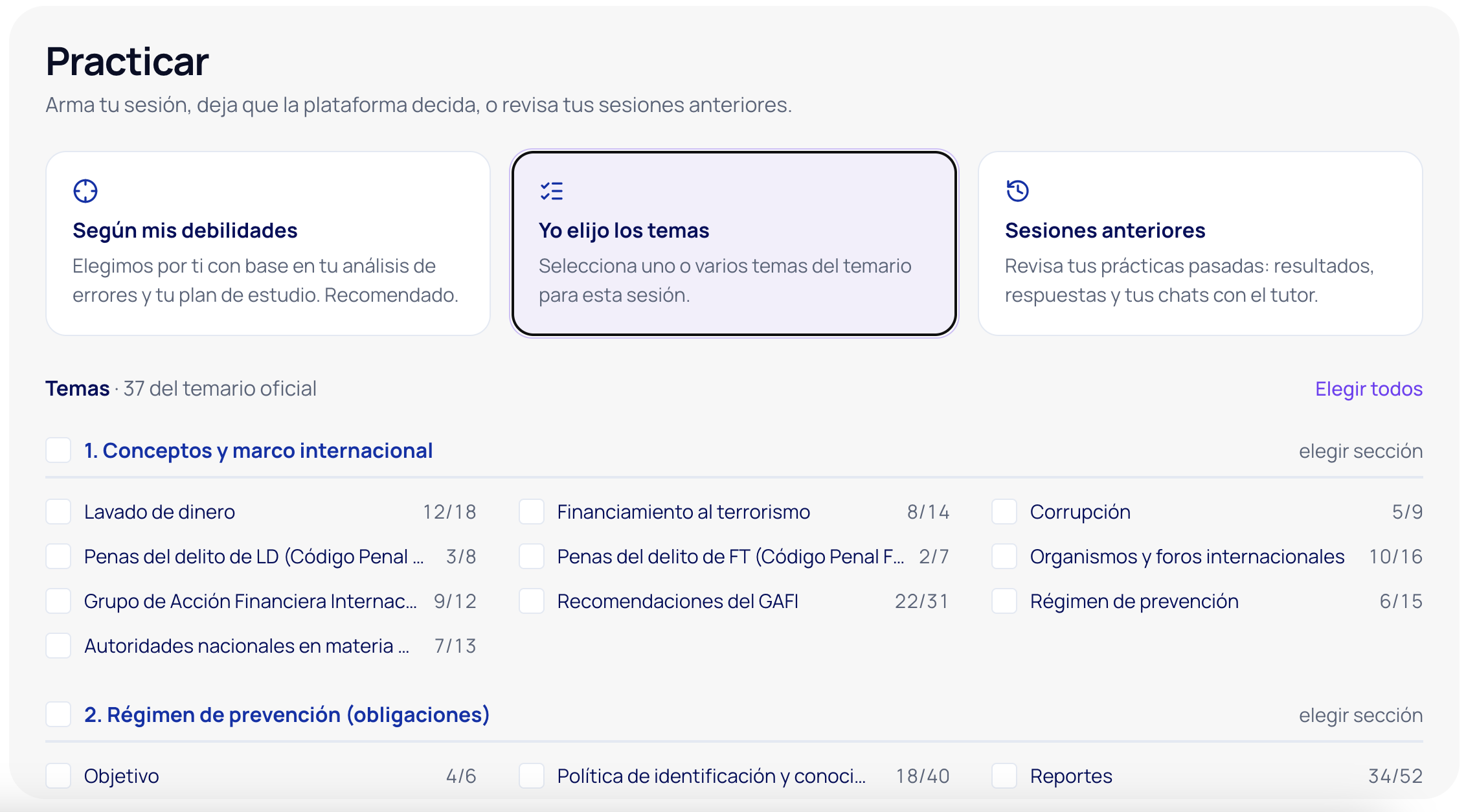 Banco de preguntas de MiPLD con práctica por debilidades o temas elegidos
