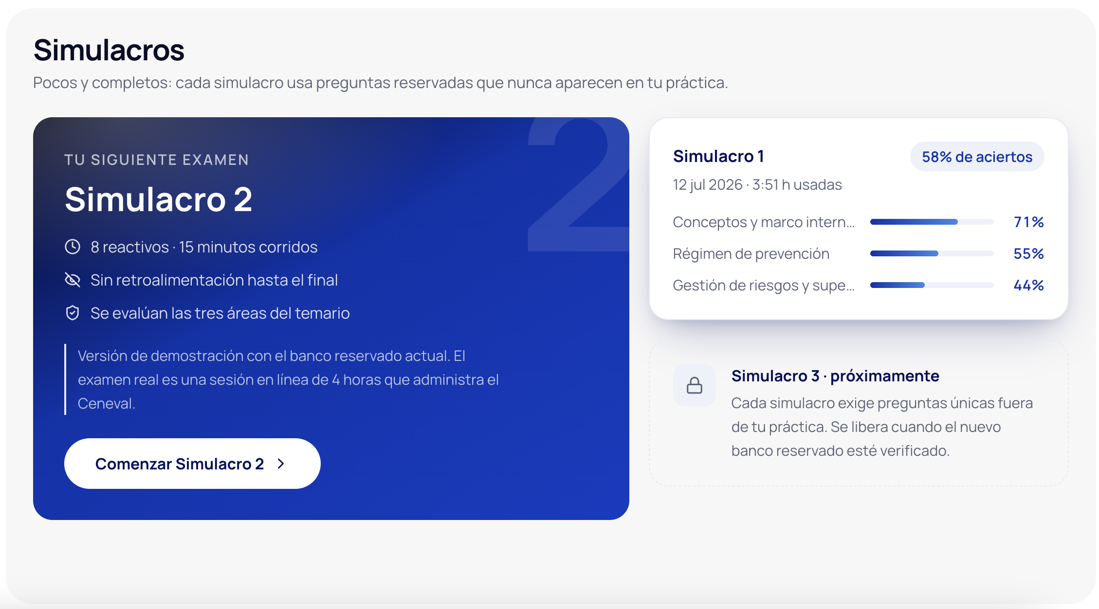 Simulacros de MiPLD con examen cronometrado y resultados por área