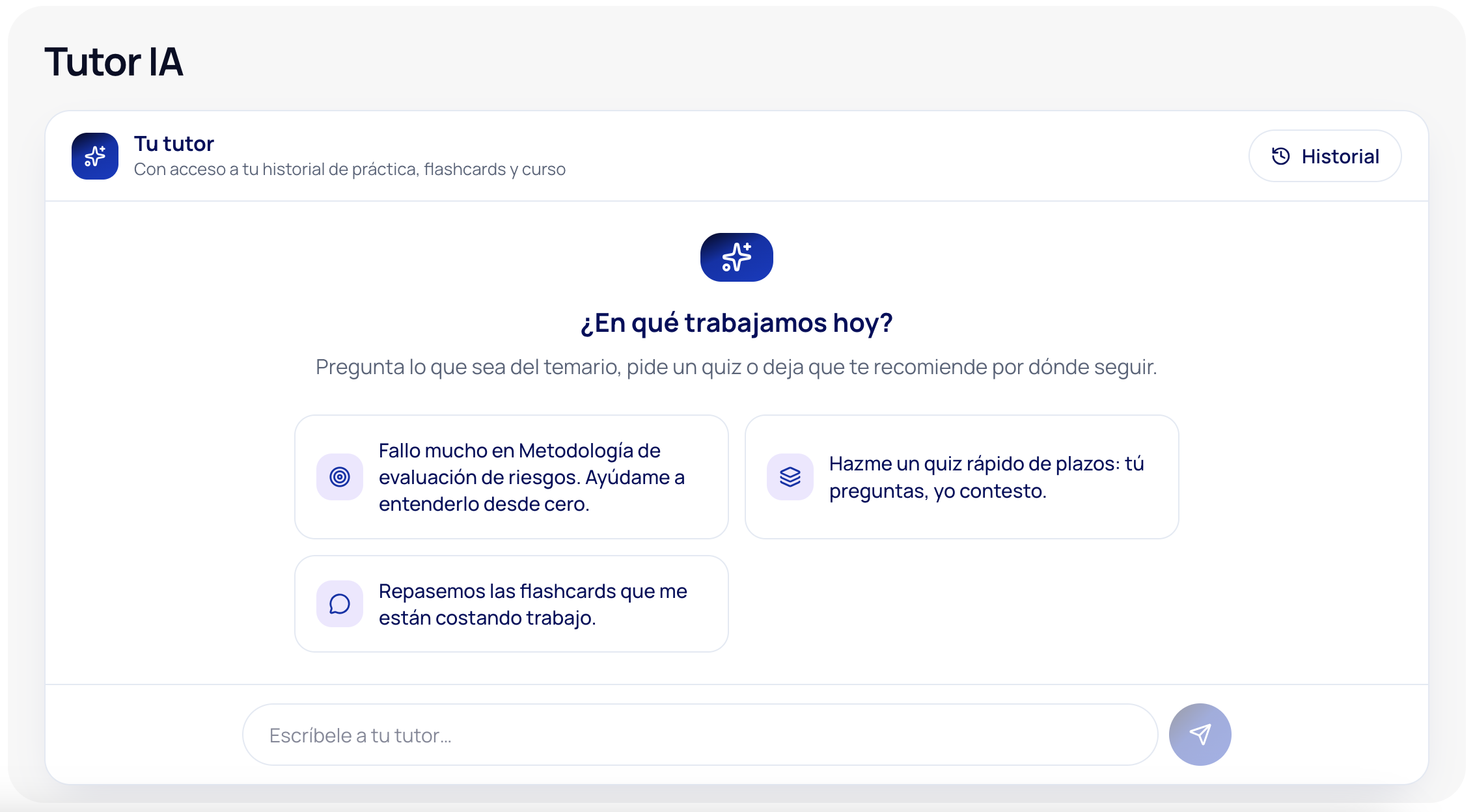Tutor IA contextual de MiPLD con sugerencias personalizadas y acceso al historial